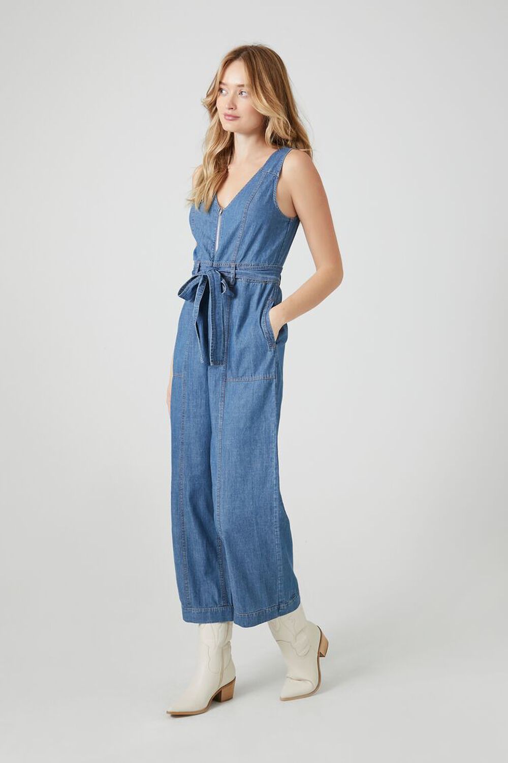 Denim Tie-Front Wide-Leg Jumpsuit